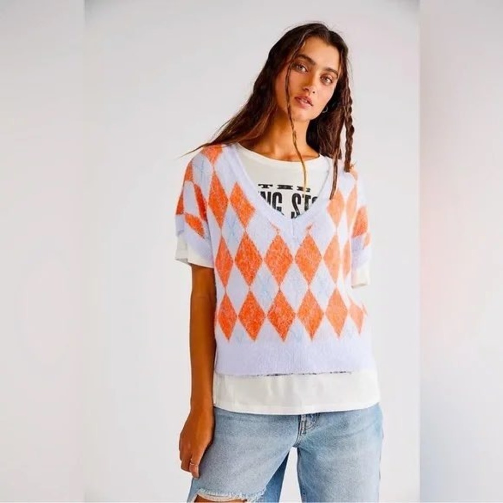 Free People Argyle V-Neck Sweater Vest Orange Blue Fuzzy Knit Women's Medium